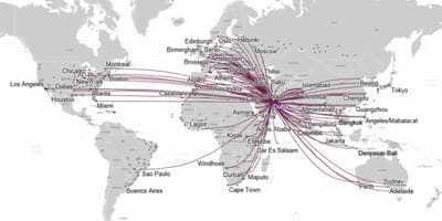 Qatar airways-ის რუკაზე მარშრუტი